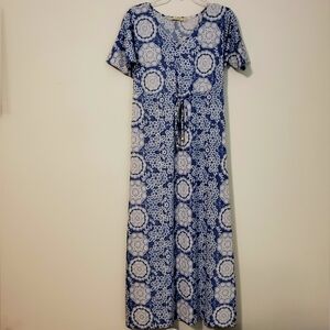 Maria Gabrielle Blue/White Boho Print Short Batwing Sleeve Maxi Dress Sz S